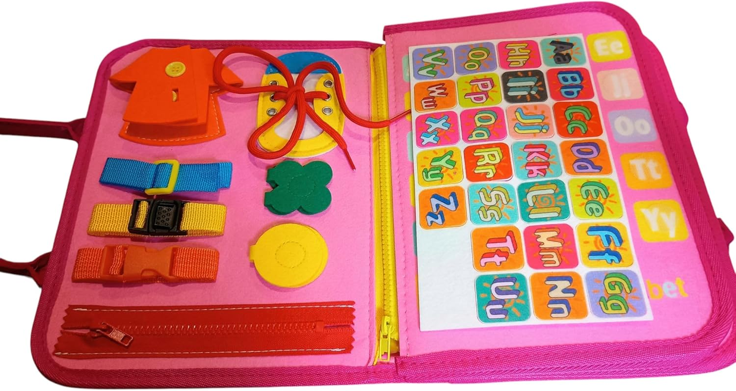 Busy Board - 8 in 1 Preschool Eary Learning Educational Travel Toys with Life Skill, Alphabet, Number, Shape, Color, Animal and Weather - Gifts for Toddlers Quiet Book, Montessori Learning (Pink) - Ink Blue image number 1