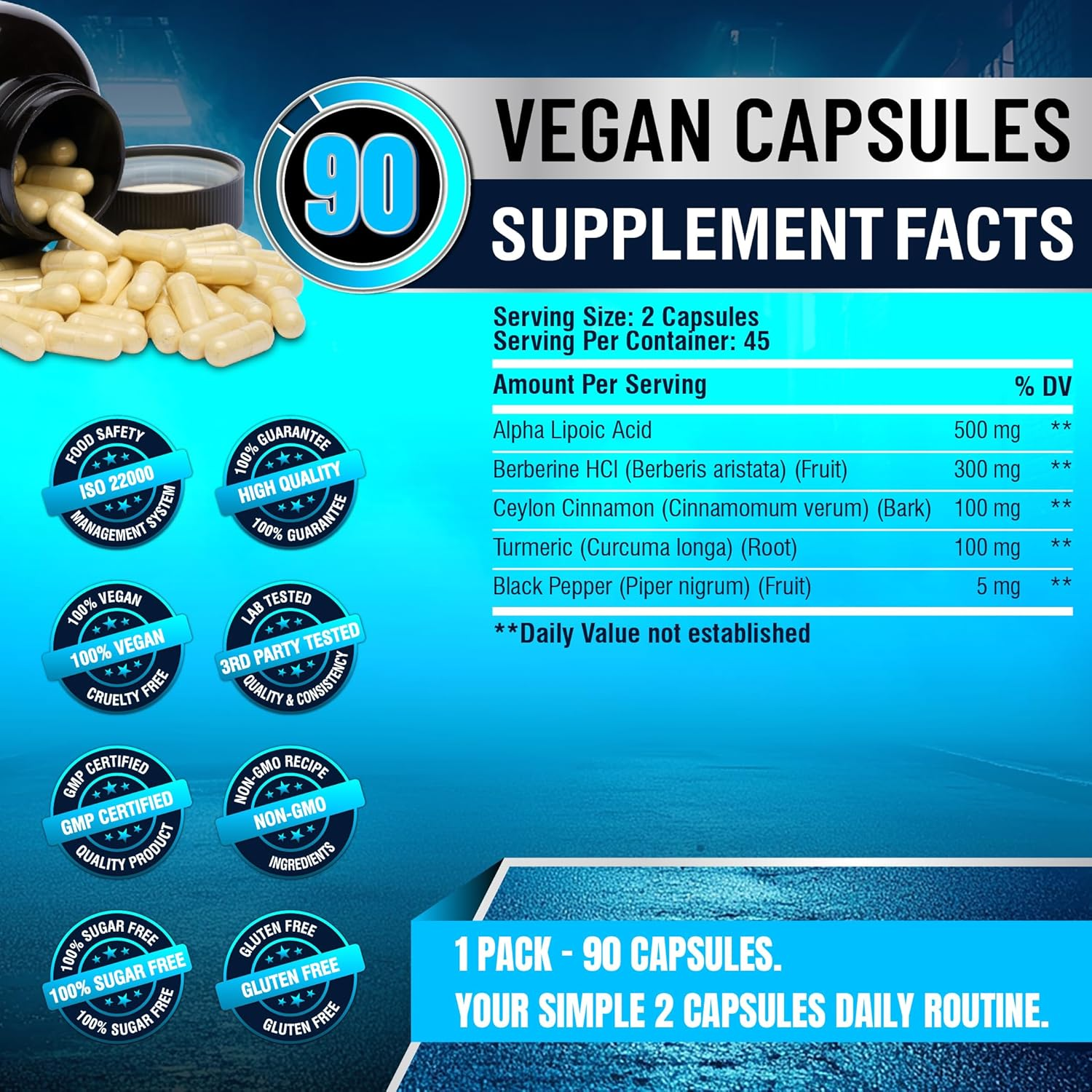 Papnami 5-In-1 Alpha Lipoic Acid Supplements | Blended with Berberine Hcl, Ceylon Cinnamon, Turmeric & Black Pepper | Support Natural Antioxidant | 90 Count image number 3