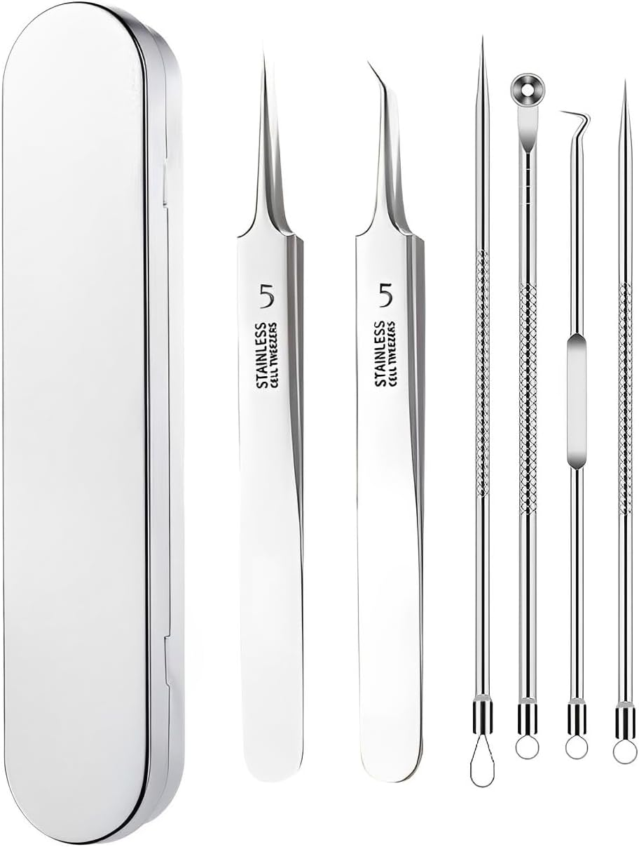 KGDUYC 6 Pieces Stainless Steel Tweezers, Milia Knife, Blackhead Tweezers, Precision Blackhead Tweezers, Fine Technical Tweezers, Splinter Tweezers for Extractor, Acne, Pimples, Comedones, Stains Or image number 1