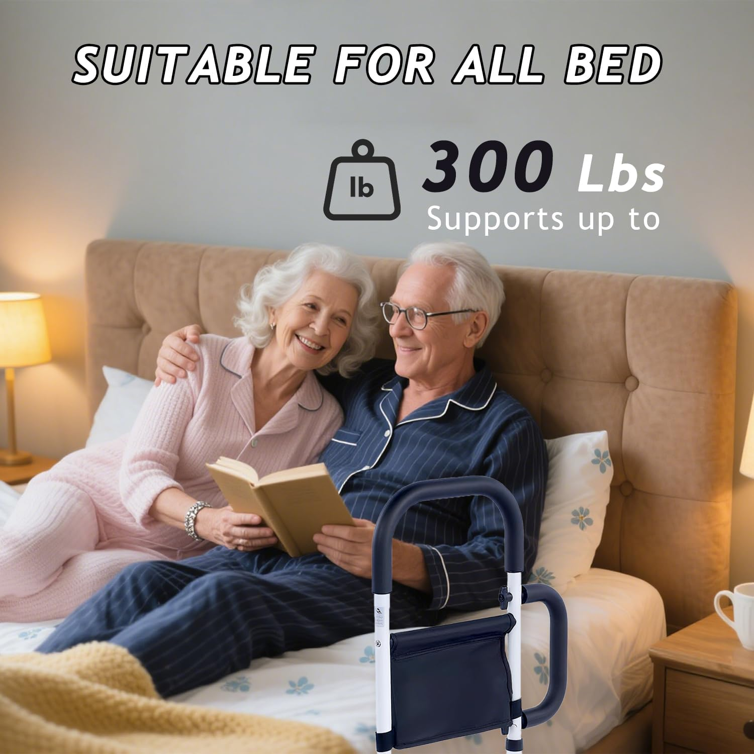 Bed Rails for Elderly Adults Safety, Bed Assist Rail with Dual Grab Handles for Seniors, Non-Slip Ergonomic Handle, 300Lb Weight Capacity, Storage Pocket, Fits Twin/Full/Queen/King image number 1