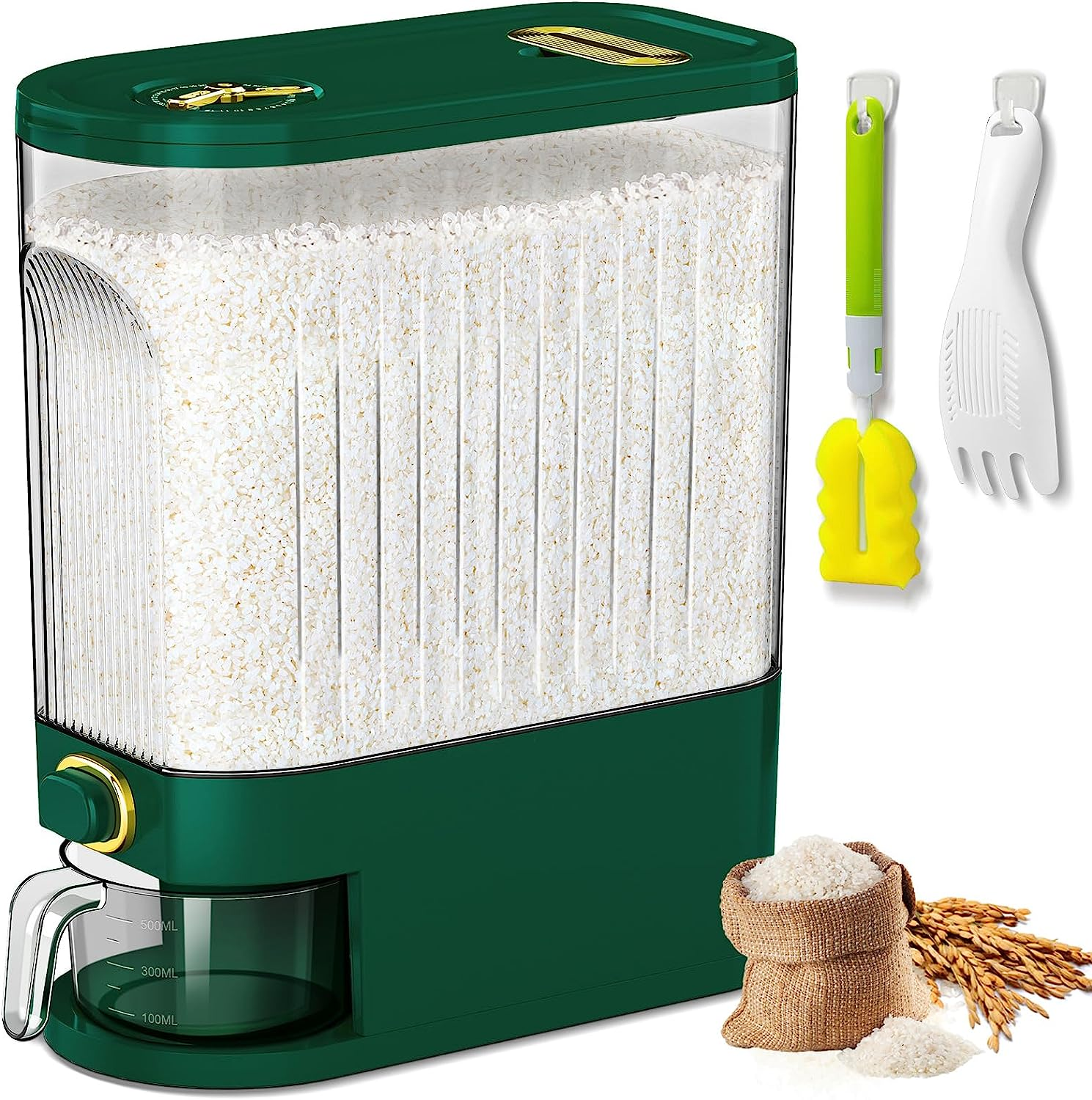 Lenwi 22 Lbs Rice Dispenser, Large Dry Food Storage Container with Measuring Cup & Time Scale, Food Dispenser Kitchen Organization and Pantry Store for Cereal Dry Food (Green)