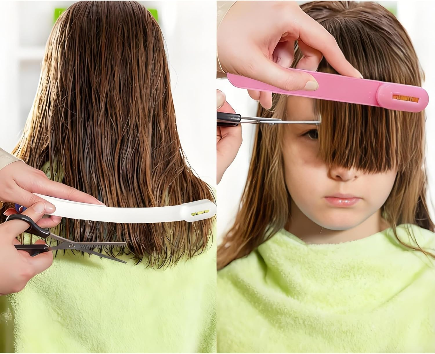 Home Hair Cutting Tool Set with Level Bubble - 2Pcs DIY Bangs & Long Hair Trimmer Guide for Women Men Kids, Salon-Like Haircut at Home