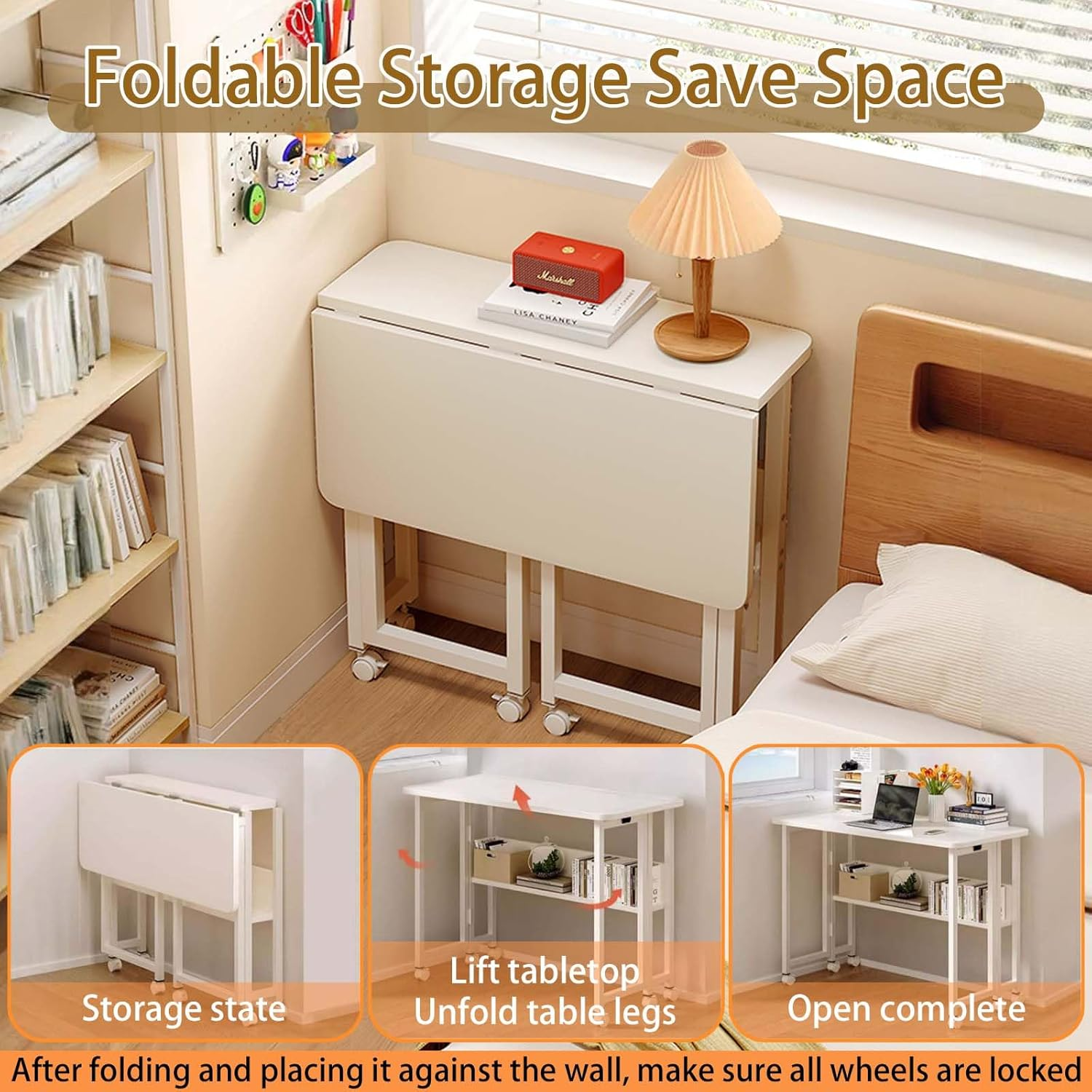 Eqiech Folding Table,Writing Computer Desk Small Foldable Desk Space Saving Computer Table with Bookshelf & Wheels Study Office Desk Foldable Table for Home Office ，Easy Assembly（White） image number 2