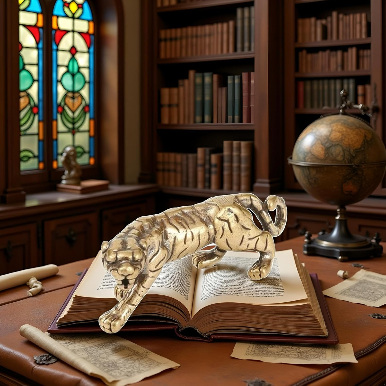 1Pc Gold Antique Copper Tiger King Figurines Home Decor Accessories Vintage Brass Animal Ornaments Desk Decorations Collectible Figurines image number 2