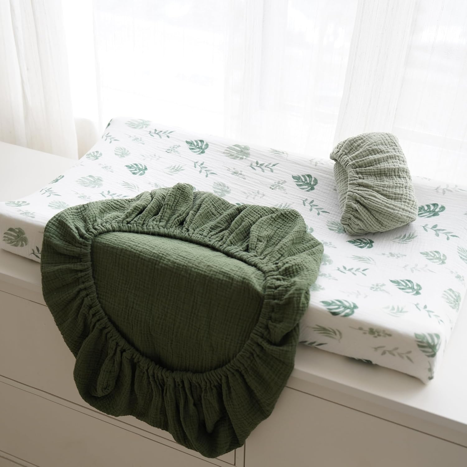 3 Pack Muslin Changing Pad Covers for Girl, Boy, 100% Soft Cotton Changing Table Cover, Breathable Baby Nursery Diaper Chang Pad Sheets (Leaf) image number 1