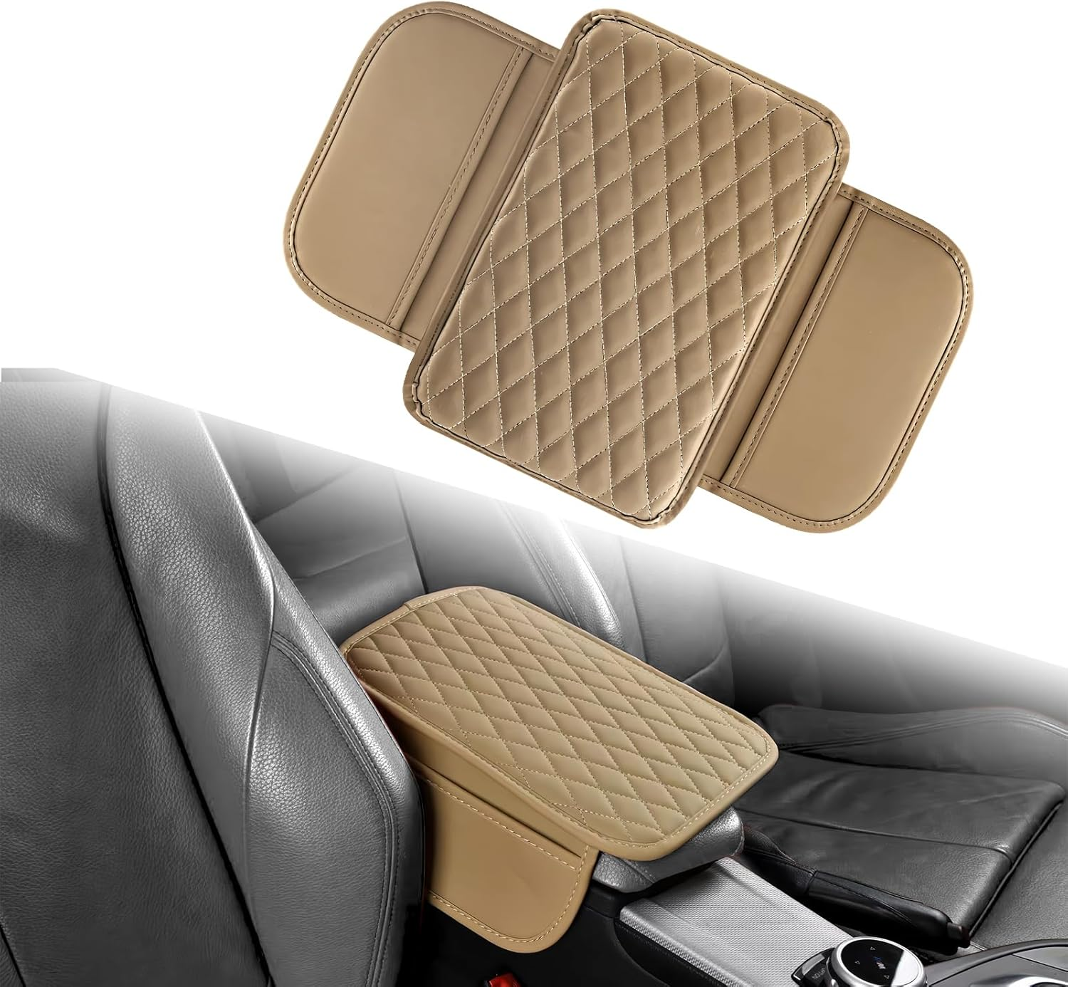 Car Center Console Cover with 2 Storage Bags, Leather Arm Rest Cover for Car Accessories Interior, Auto Universal Middle Console Cover Cushion Protector for Most Vehicle (Beige) image number 2