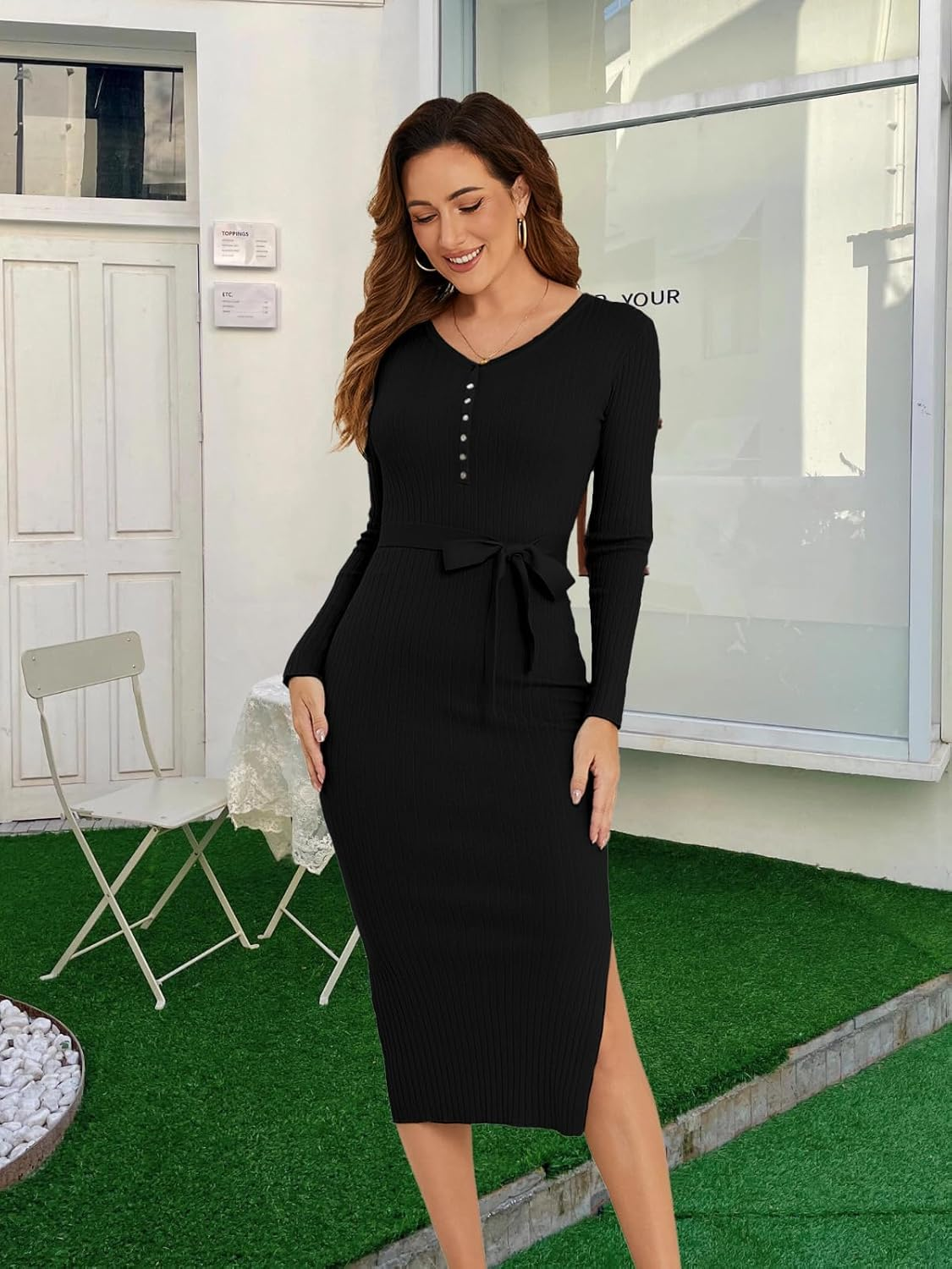 Ecavus Women'S Long Sleeve Maternity Sweater Dress for Baby Shower V Neck Slit Maternity Photoshoot Dress with Belt image number 4