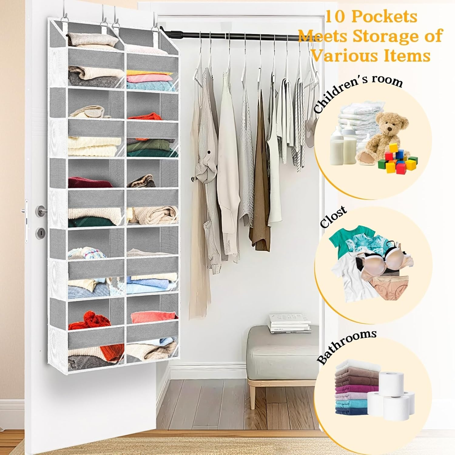 Over the Door Organizer, 5-Tier Extra Large behind Door Storage with 10 Big Front & 10 Mesh Pockets, 80Lb Capacity, Hanging Storage Organizer with Clear Window Kids Toys, Shoes, Diapers, Light Grey - 2Pack Beige image number 3