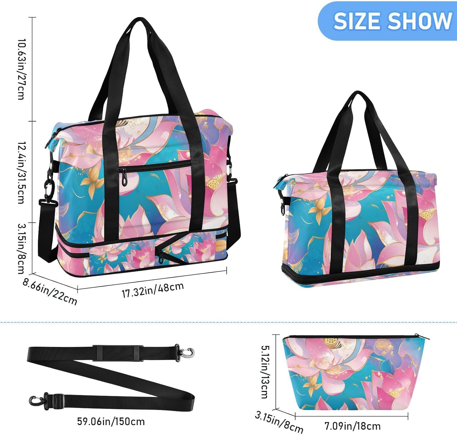 Rose Gold Flower Tote Bag Travel Weekender Gear Bag with Toiletry Bag for Travel Foldable, Rose Gold Flower, 1 Size image number 5