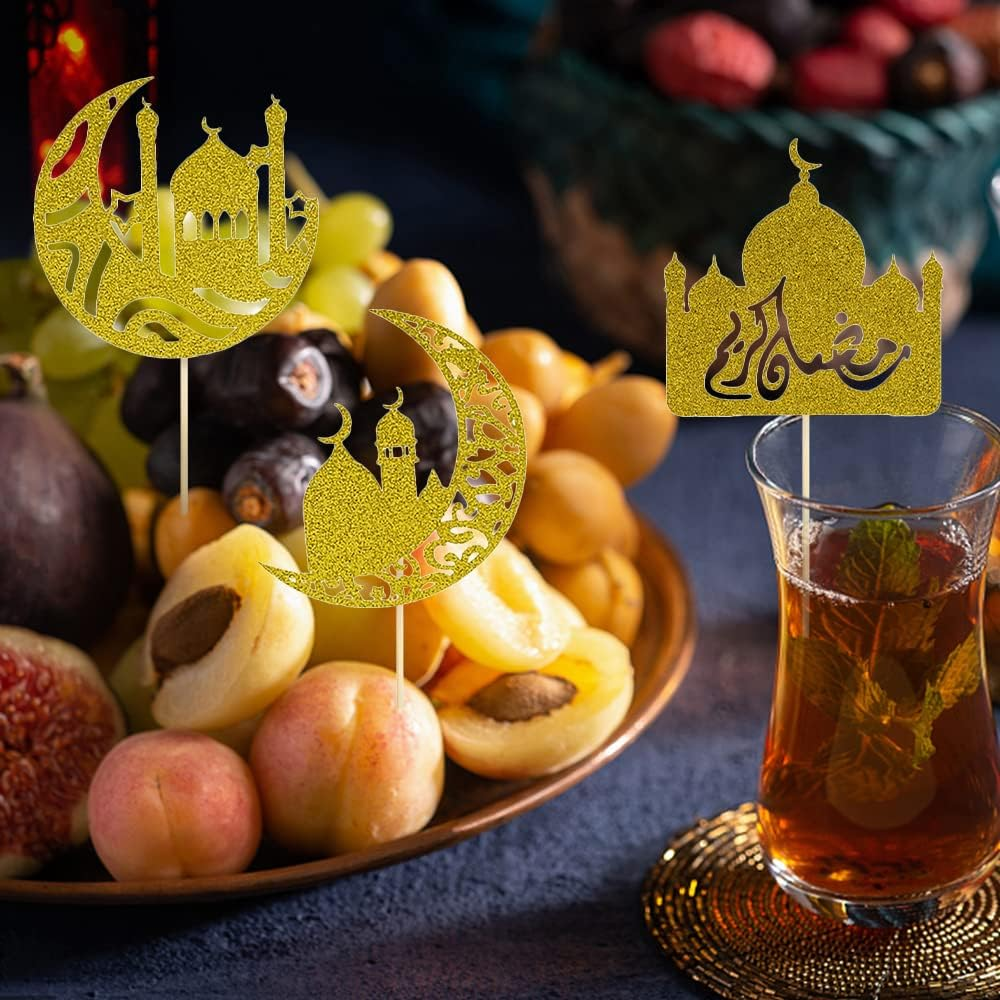 ALIBBON 30Pcs Eid Mubarak Cupcake Toppers, 3 Patterns Glitter Gold Moon Castle Cupcake Picks, Ramadan Mubarak Cake Topper, Ramadan Kareem Party Decorations Islamic Muslim Party Decors Supplies image number 3
