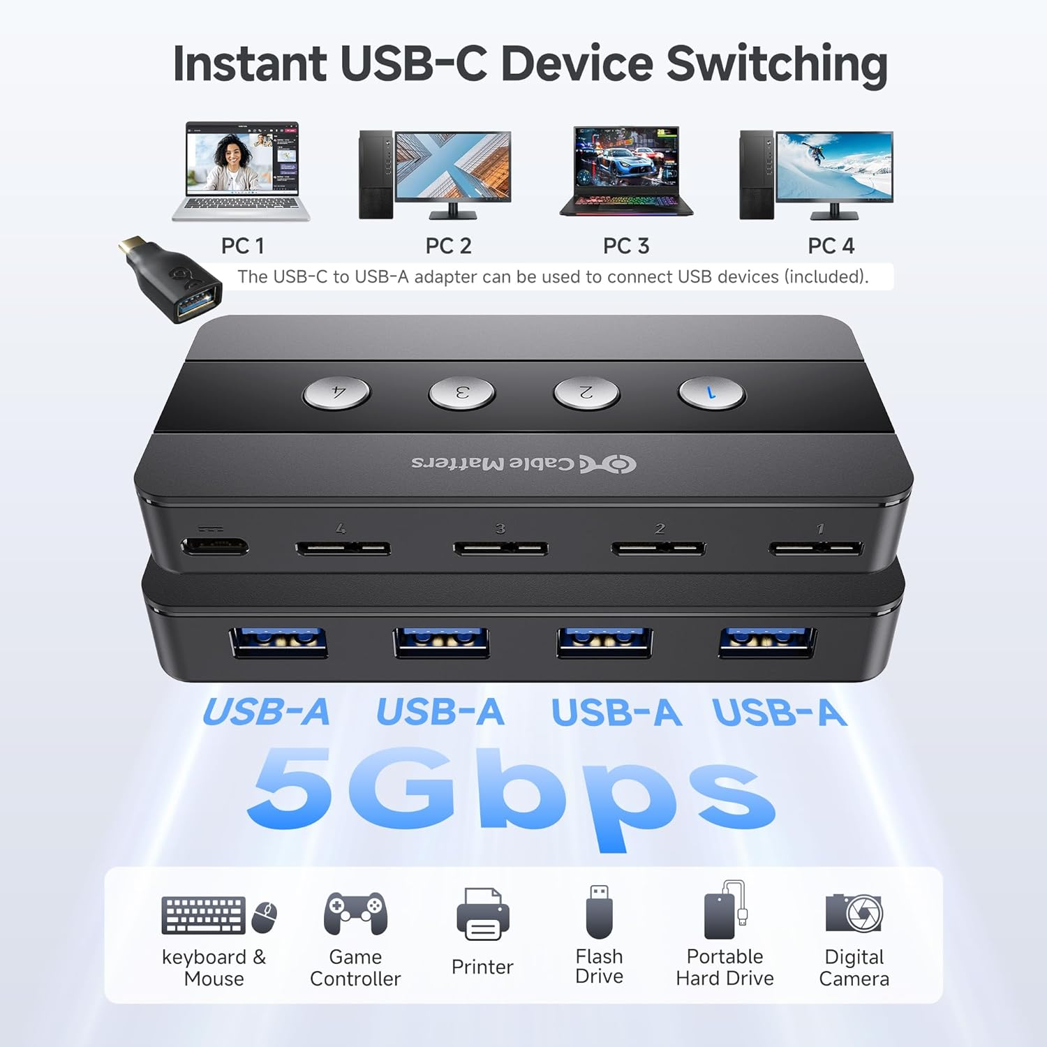 Cable Matters 4 Port USB 3.0 KVM Switch with Remote, USB Sharing Switch for 4 Computers and USBA Peripherals - Button or Remote Switching, Includes a USBC Adapter for USBC / USB4 / Thunderbolt 4 image number 2