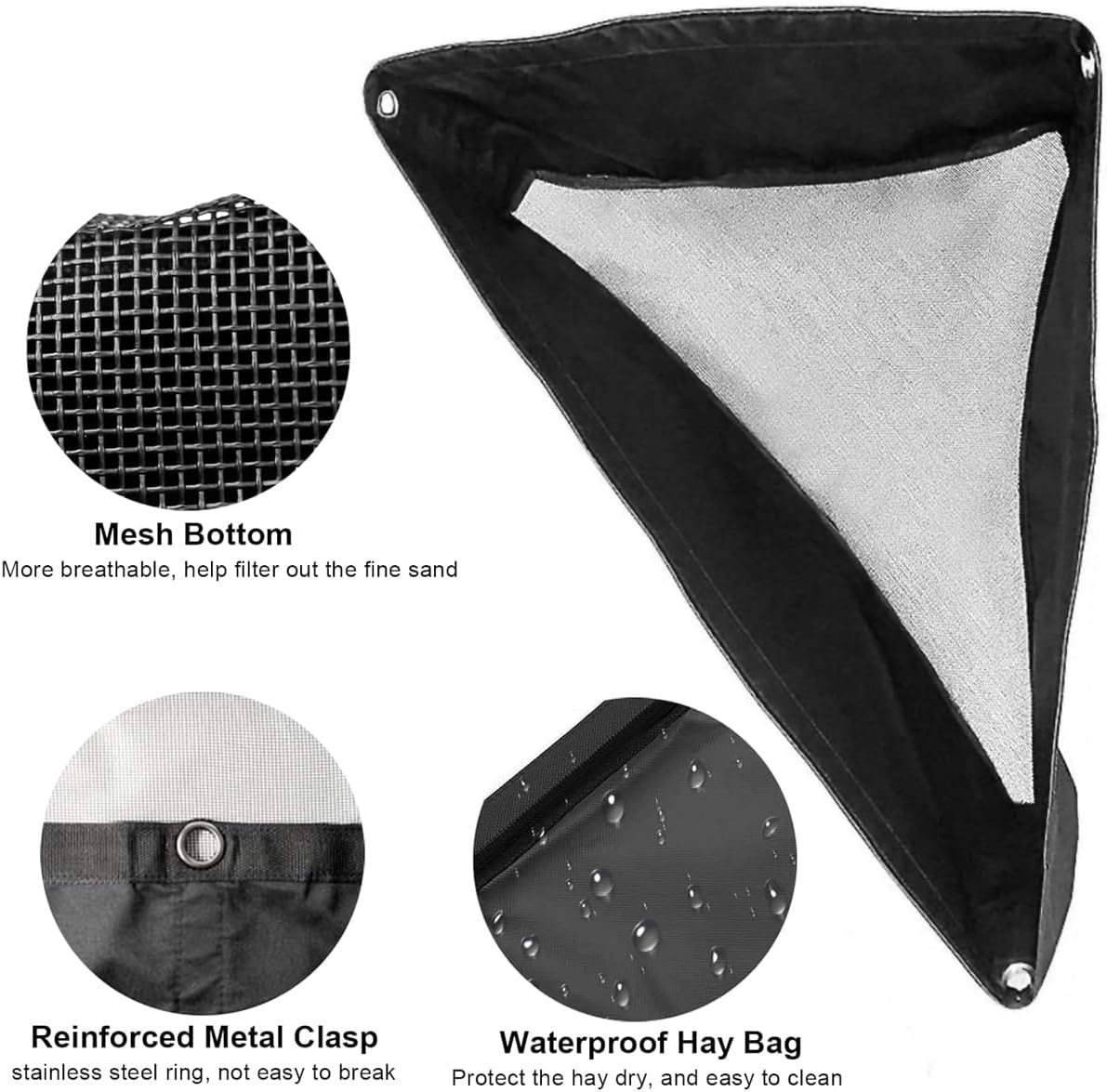 AIMALL Horse Hay Feeder Bag Large Triangle Feeding Bag with Nylon Mesh Oxford Cloth for Stable and Equestrian Use Black 33.46X25.59X21.65In Adjustable Strap image number 3