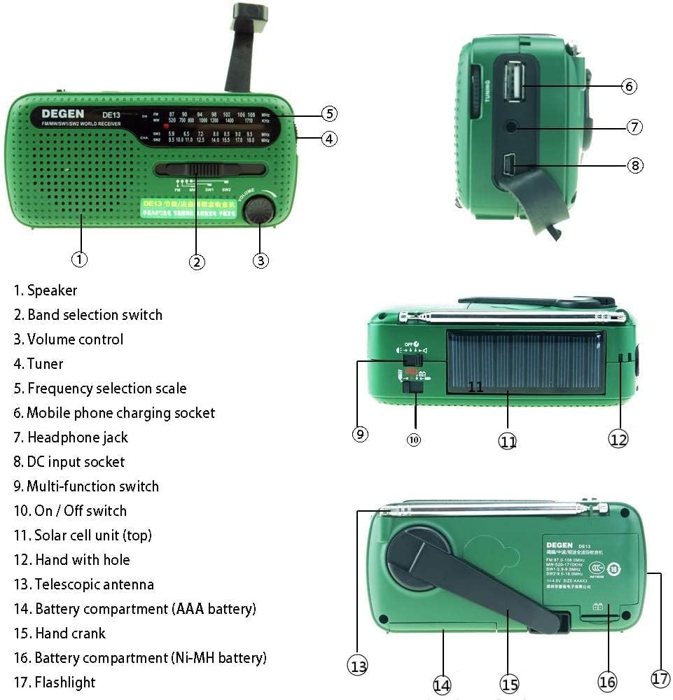 Portable Radio Degen DE13 Solar Crank Radio FM AM SW Emergency Weather Radio Flashlight SOS Alarm Battery Cell Phone for Emergency and Outdoor Use