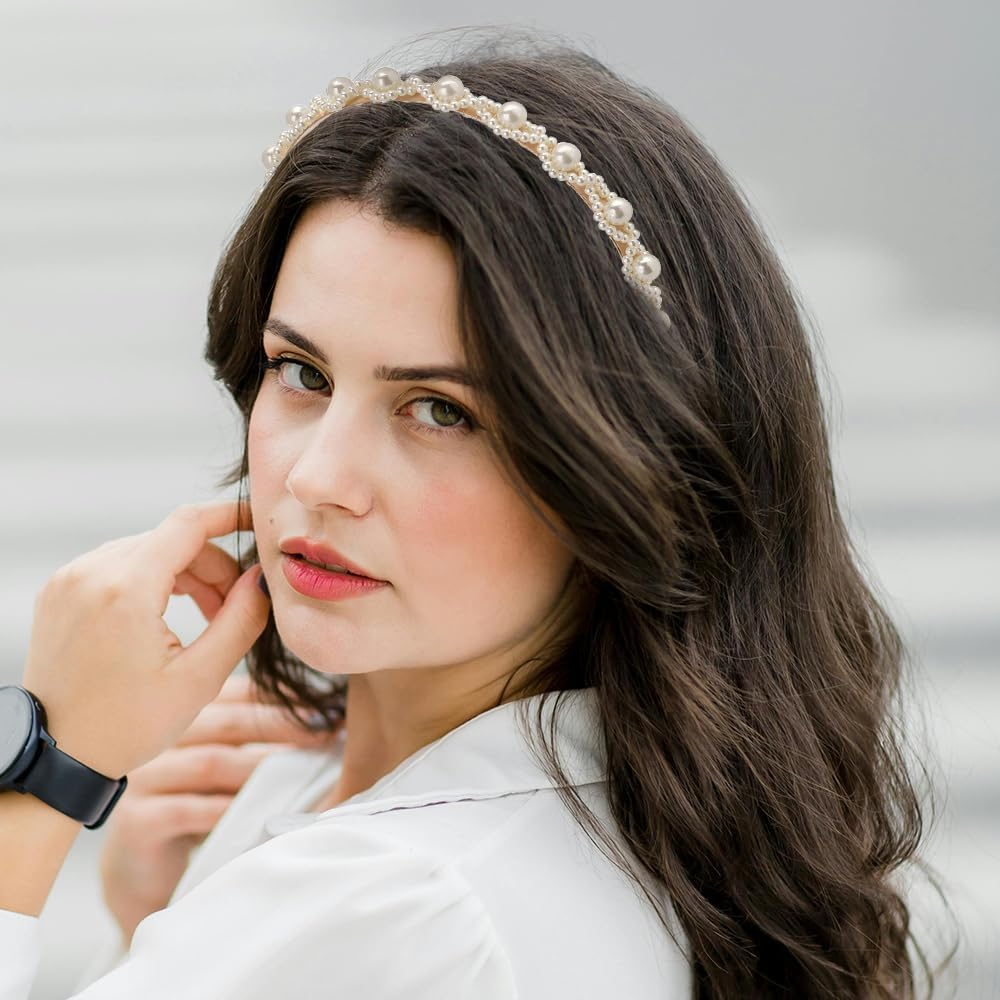 White Pearl Headband for Women Girls Pearl Headpiece Hair Accessories for Women Girls Pearls Hair Band for Wedding Party Beach Hairband with Pearls image number 4