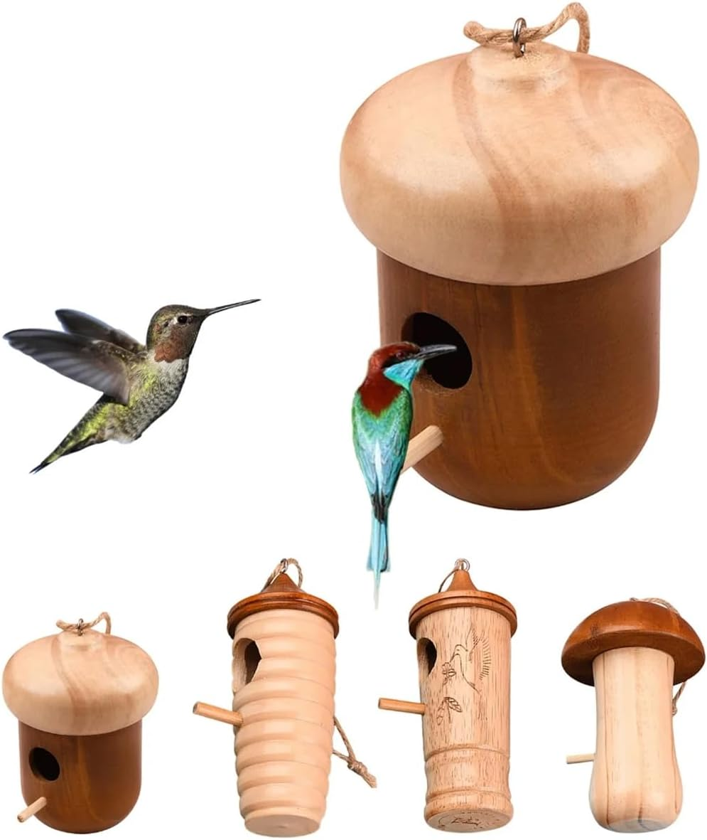 AIMALL Hummingbird Nesting House Set, Handcrafted Wooden Bird Cages with Feeder, Decorative Home and Garden Ornaments image number 3