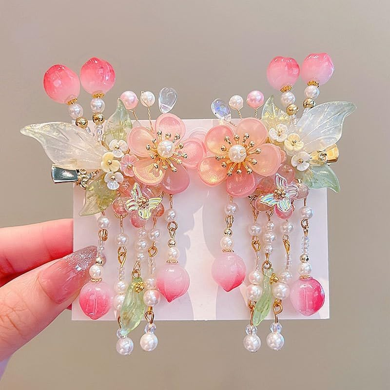 2 PCS Pink Peach Blossom with Leaves and Tassel Hair Clips, Chinese Hanfu Style Hair Barrettes, Peach Pendant Handmade Hair Accessories