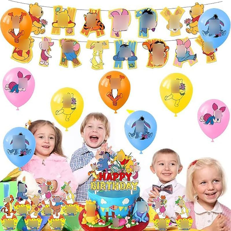 Buosha Winnie the Pooh Birthday Decoration Pack: Banner, 16 Balloons, 13 Cake Toppers - Yellow Winnie the Pooh Character Balloons image number 1