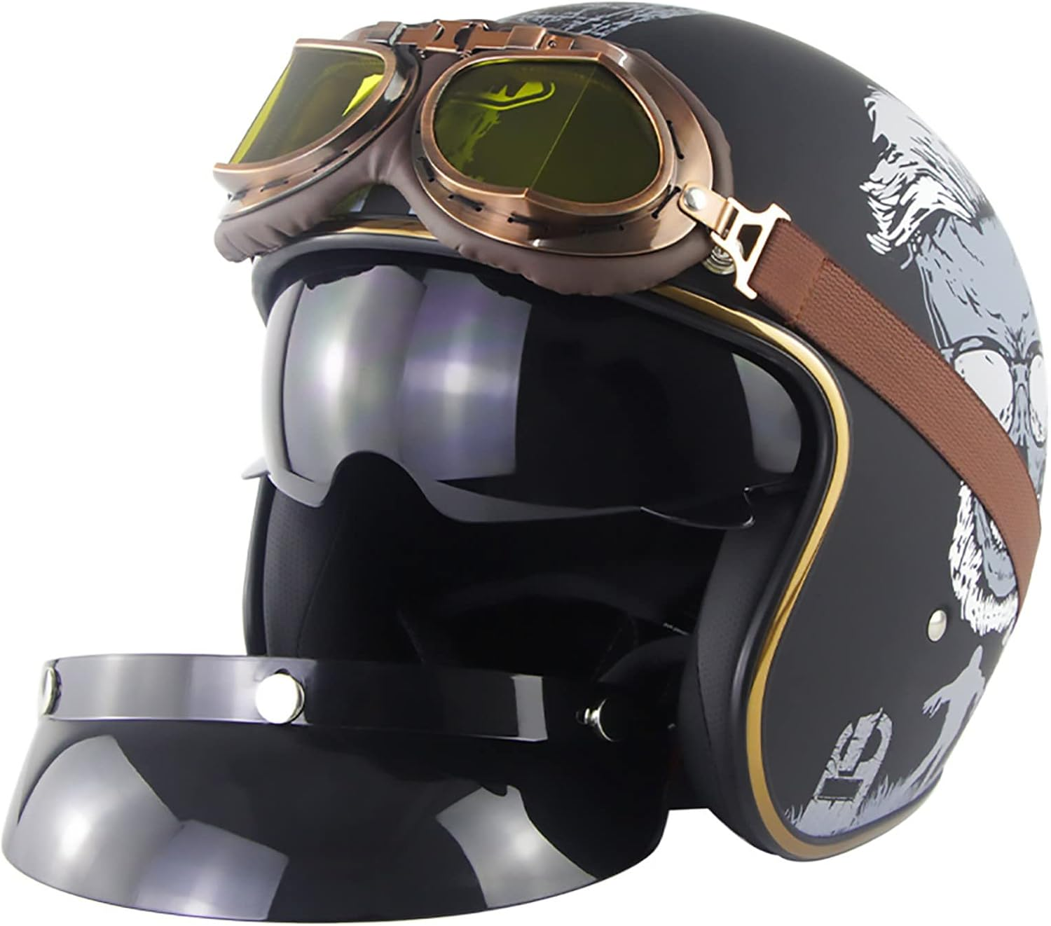 Retro Half Helmet Motorcycle Open Face Helmets 3/4 Half Helmet Men and Women Adults ECE Certification Vintage Biker Cruiser Scooter Touring Helmet with Goggles E,2XL=63-64CM