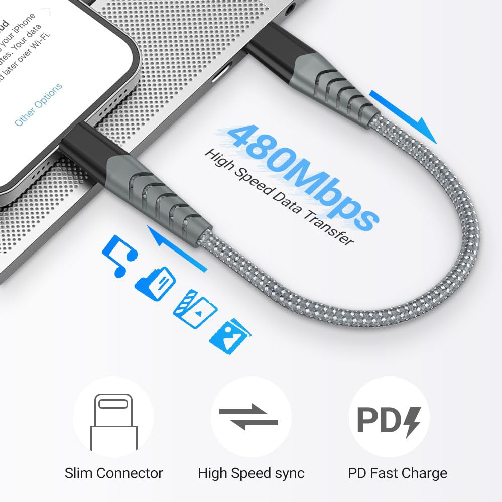 AHGEIIY USB C to Lightning Cable, 0.3M 2Pack Short USB-C to Lightning Cable Apple Mfi Certified Lightning Cable Iphone Fast Charger for Iphone 14 13 12 Mini Pro Max 11 X XS XR 8 Ipad Ipod