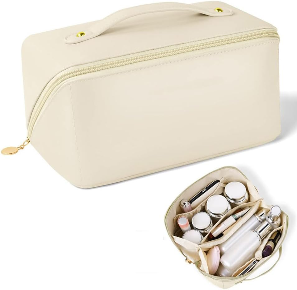 Limcryspp Large-Capacity PU Waterproof Makeup Bag, Open Design, Portable Travel Cosmetics Storage Bag, Can Store Skin Care Cosmetics and Toiletries (White) image number 5