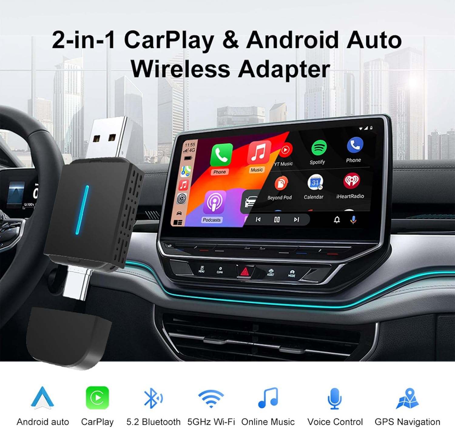 Gdsanlian Wireless Carplay Adapter, Converts Wired Carplay to Mini Wireless Carplay Adapter for Iphone, for Cars Manufactured in 2015 and Later, Compatible with Apple Iphone Ios 10+ &Android 11+ image number 1
