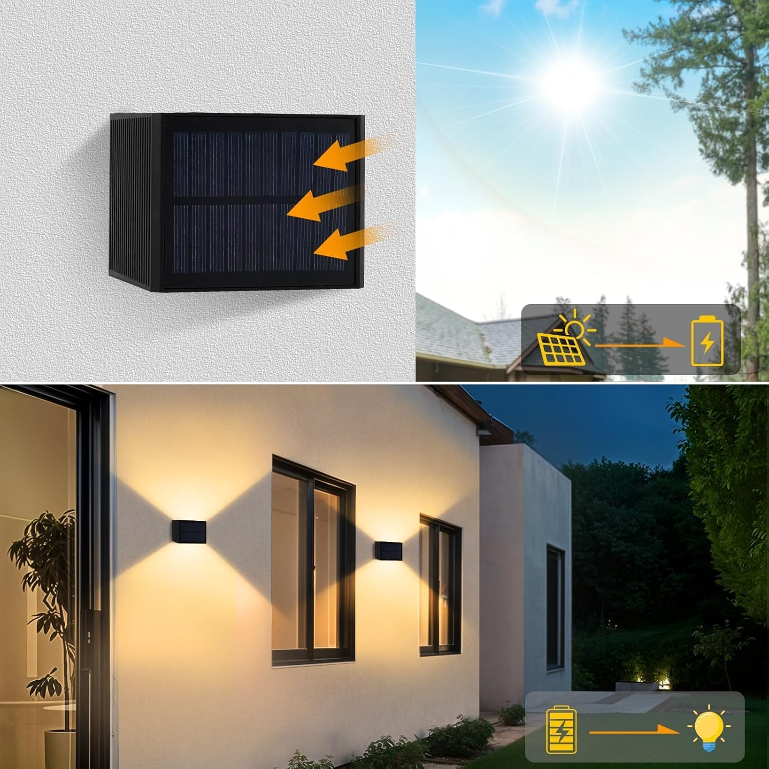 T-Sun Solar Wall Lights Outdoor, Warmwhite 3000K, 4-Pack,Waterproof up & down Wall Sconces with Adjustable Beam Angle, Solar Deck Lights for Porch, Garage, Fence, Courtyard, Stairs