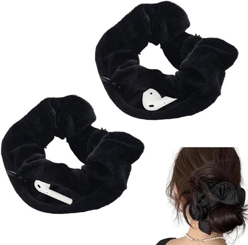 Velvet Hair Scrunchies with Zipper Pocket,2Pcs Velvet Scrunchies with Pocket Hidden Zipper,Velvet Hair Ties Velvet Hair Scrunchie with Zip Pocket,Black Velvet Scrunchies Zipper Pocket Hair Scrunchie image number 6