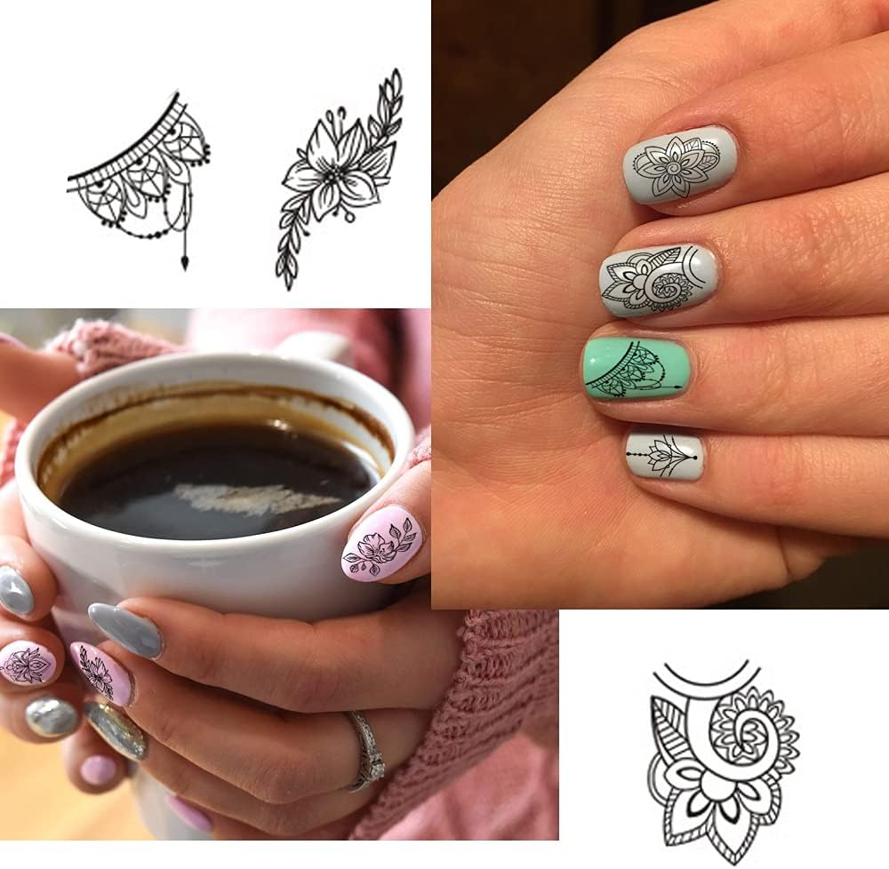 13 Sheets Black Nail Stickers Boho Retro Nail Decals Black Nail Tattoos Water Transfer Nail Decals Nails Supply Necklace Jewelry Feather Nail Design for Women Nail Art DIY Decoration image number 5