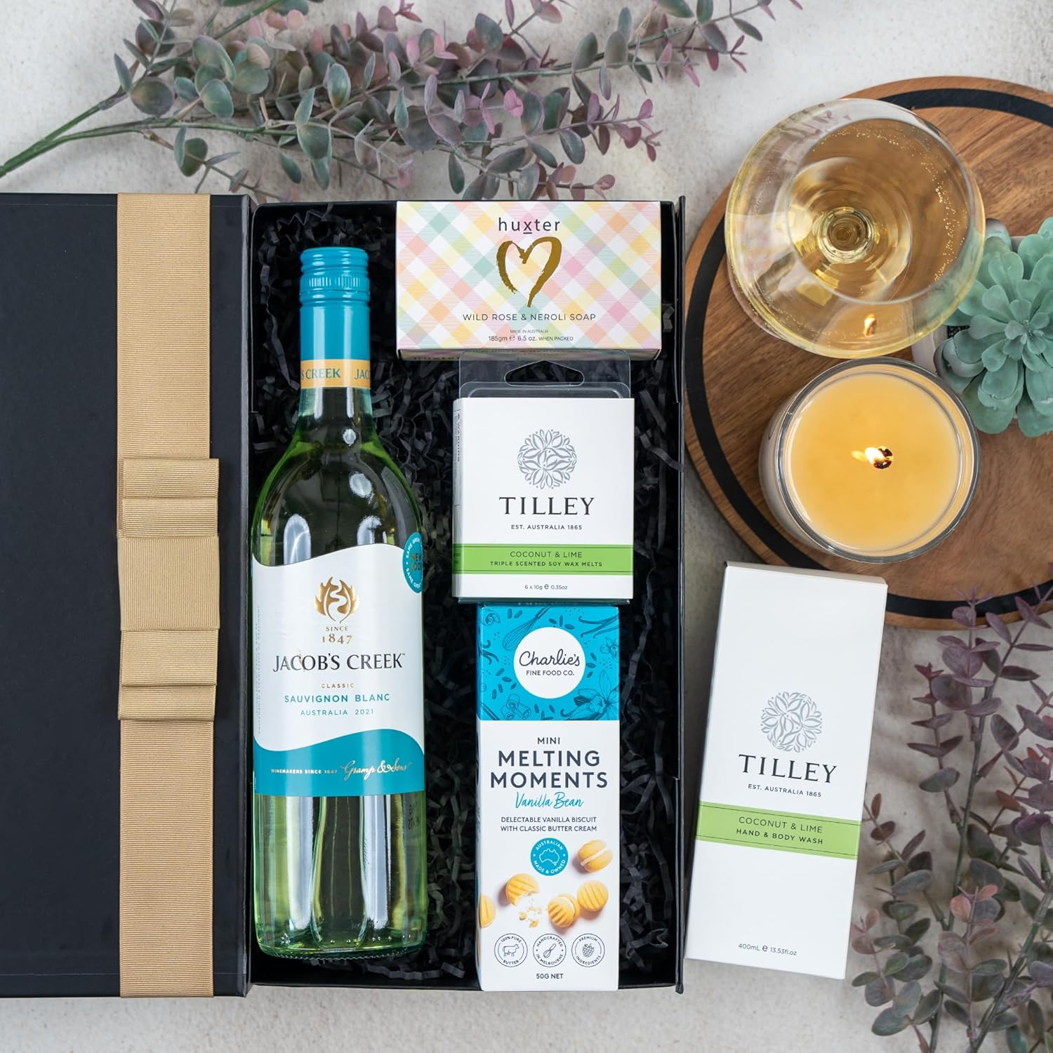 Spa Day Retreat Gift Hamper with Jacob'S Creek Sauvignon Blanc, Vanilla Bean Biscuits, Wild Rose Soap, Coconut & Lime Body Wash, and Soy Melts - Ideal for Mother'S Day, Birthdays, and Anniversaries