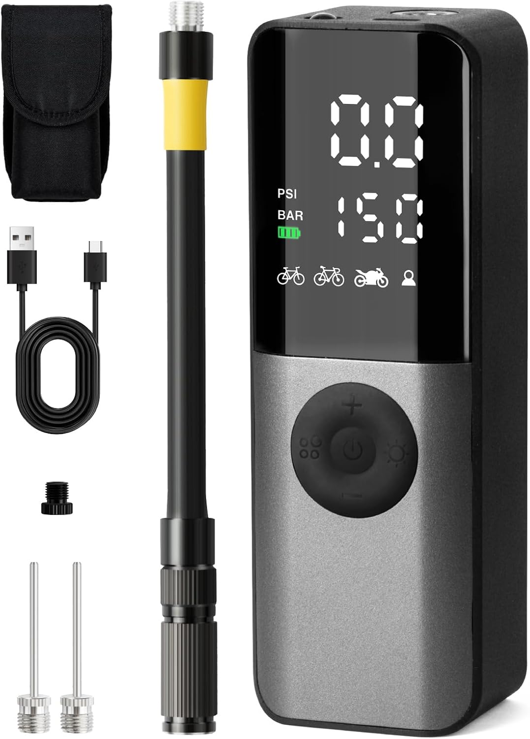 Electric Air Pump: 150Psi Portable Bicycle Tire Inflator with Digital Pressure Gauge for Road, Mountain, E-Bike, Motorcycle - Presta, Schrader, Dunlop Valve Accessories image number 5