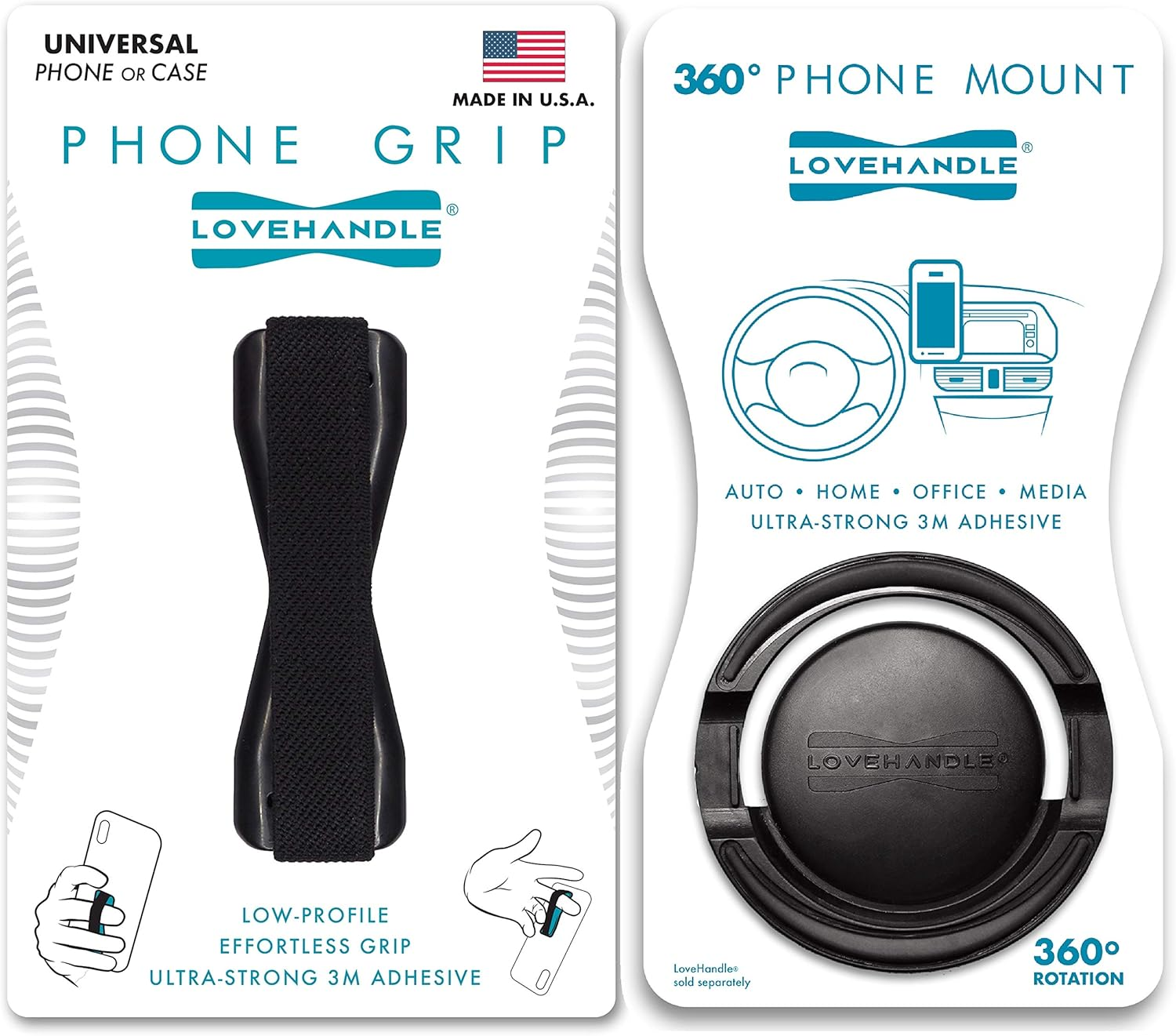 Lovehandle Universal Grip for Most Smartphones, Mini-Tablets and Cases, Black Elastic Strap with Black Base, Lh-01Black