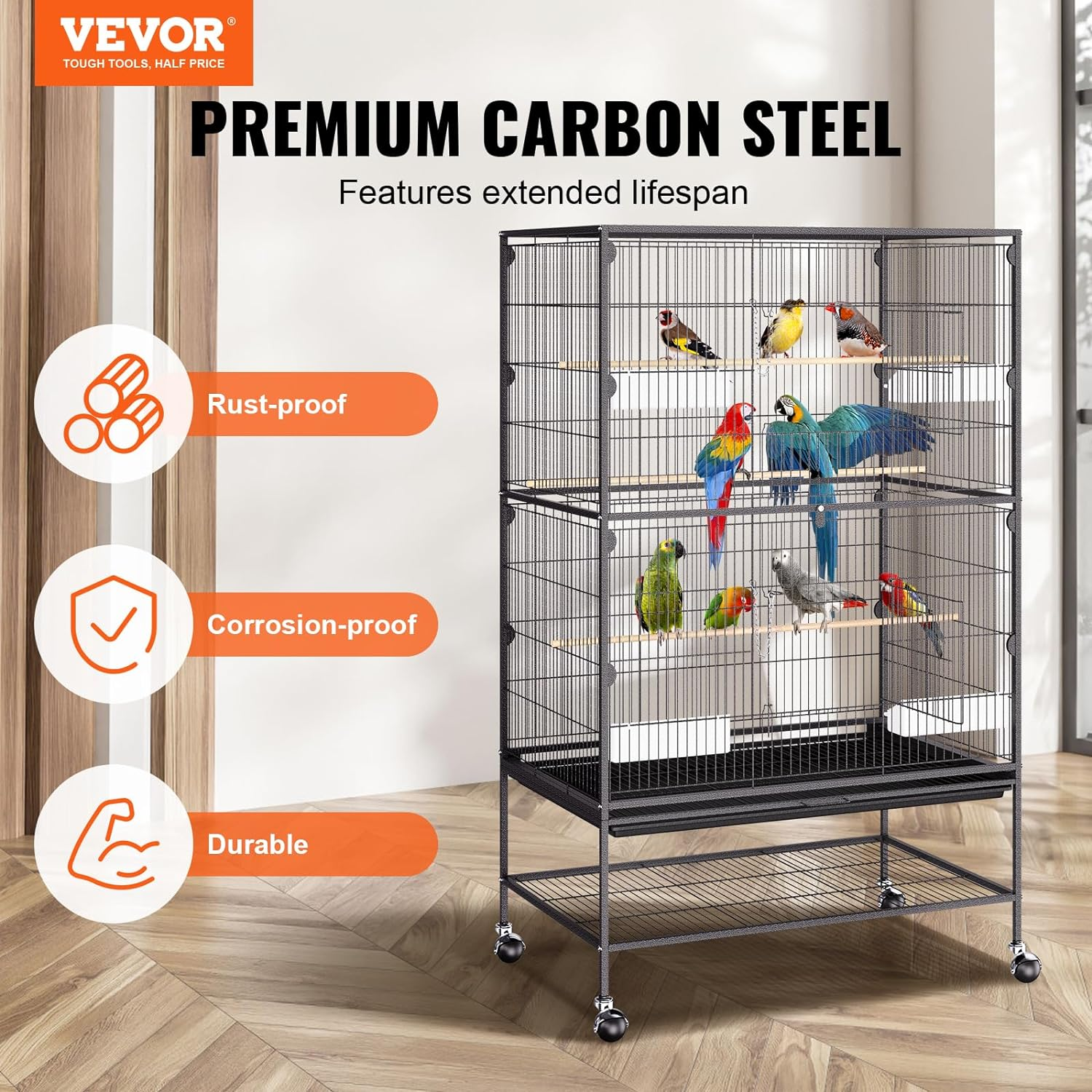 VEVOR 52 Inch Standing Large Bird Cage, Carbon Steel Flight Bird Cage for Parakeets, Cockatiels, Parrots, Macaw with Rolling Stand and Tray image number 6
