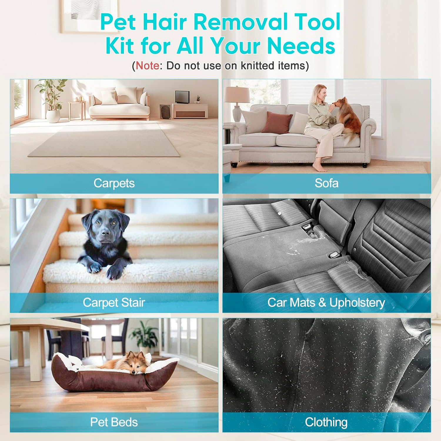 6 in 1 Pet Hair Removal Tool Carpet Brush, 8PCS Retractable Pet Hair Removal Broom Carpet Rake for Pet Hair Removal, Pet Hair Broom Suitable for Carpets, Floor Mats, Sofas and Pet Towers