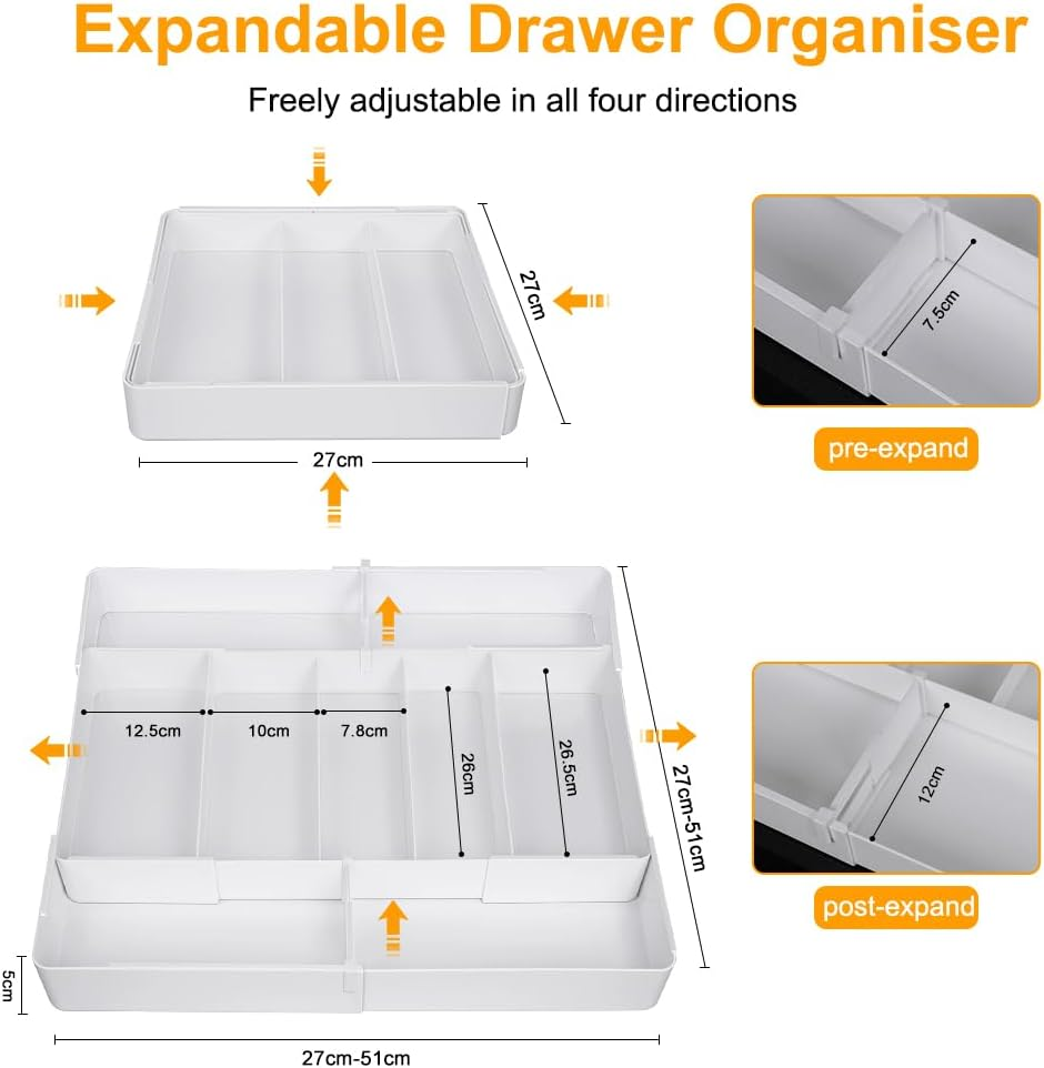 Cutlery Drawer Organiser, Expandable(10.6"-20") Utensil Drawer Organiser, Kitchen Drawer Organizer with 9 Compartments and Non-Slip Base, 4-Way Adjustable Cutlery Tray Organizer for Spoons Forks