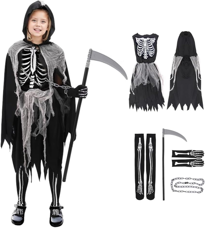 Girl Grim Reaper Costume Scary Cosplay Halloween Robe Creepy Spooky Dress Roleplay Angel Dark Outfit image number 3