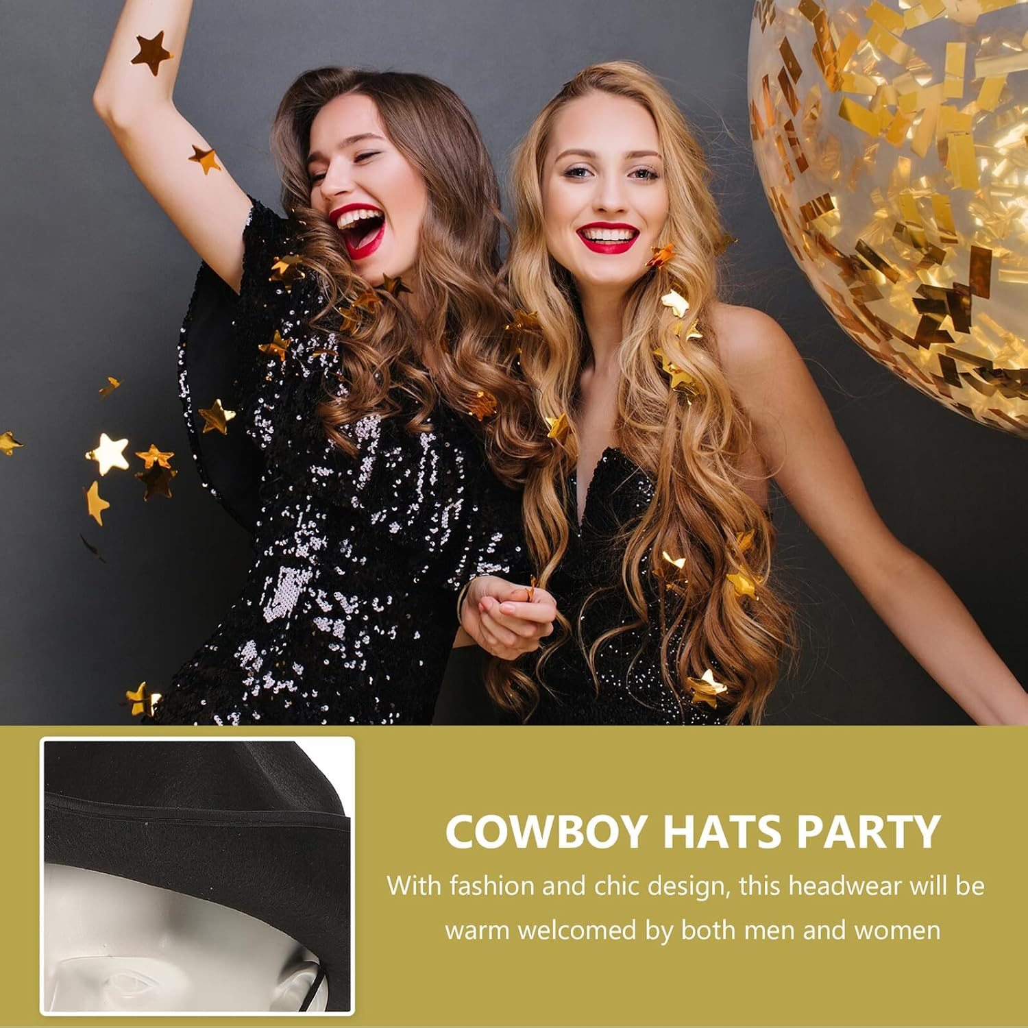 JOINPAYA Western Cowboy Cowgirl Hat with Chin Strap Wide Brim Black Party Festival Hat for Women Country and Western Dress-Up Accessory image number 5