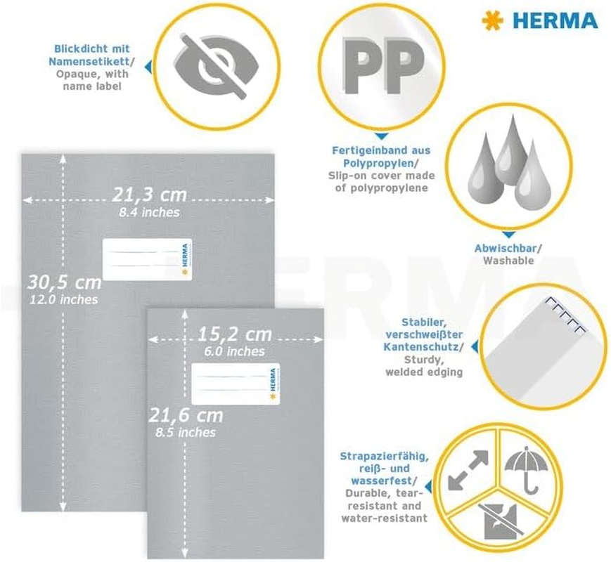 HERMA Exercise Book Cover A5, with Inscription Label, Made of Wipeable and Sturdy Plastic, Slip on Cover Jackets for School, White - Yellow image number 1