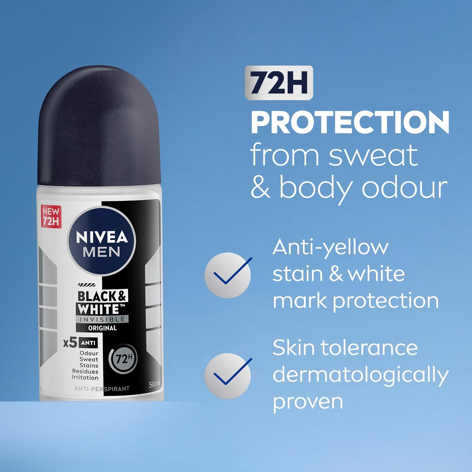 NIVEA MEN Black & White Invisible Original Anti-Perspirant Roll-On Deodorant 50Ml | Men'S Roll-On Deodorant | 72-Hour Sweat & Odour Protection | Anti-Staining Technology Protects Clothing image number 4