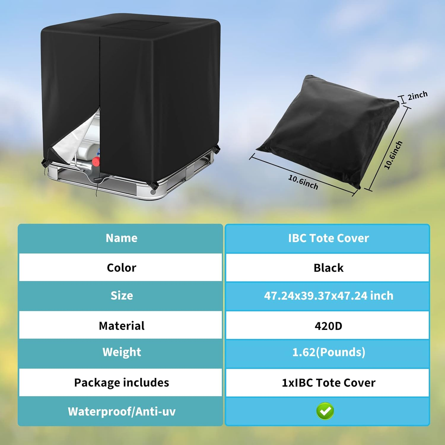 Zipper IBC Tote Cover Barlic 275 Gallon for 420D 1000L Outdoor Water Tank Protective Cover(Black) - Zipper Black image number 2