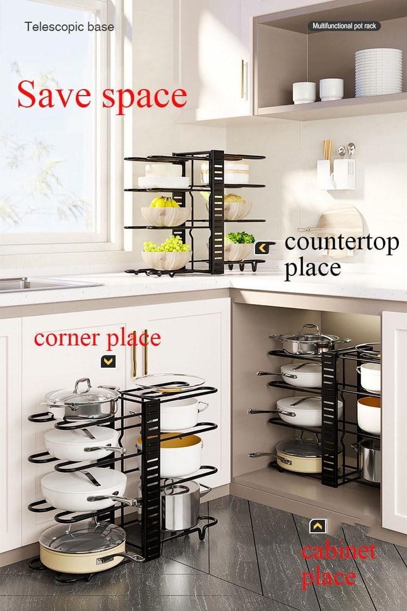 Hosoncovy Metal Pot Holder Rack Multi Layers Adjustable Countertop Pot and Pan Storage Rack Standing Pot Rack under Sink Rack for Kitchen (8 Layer)