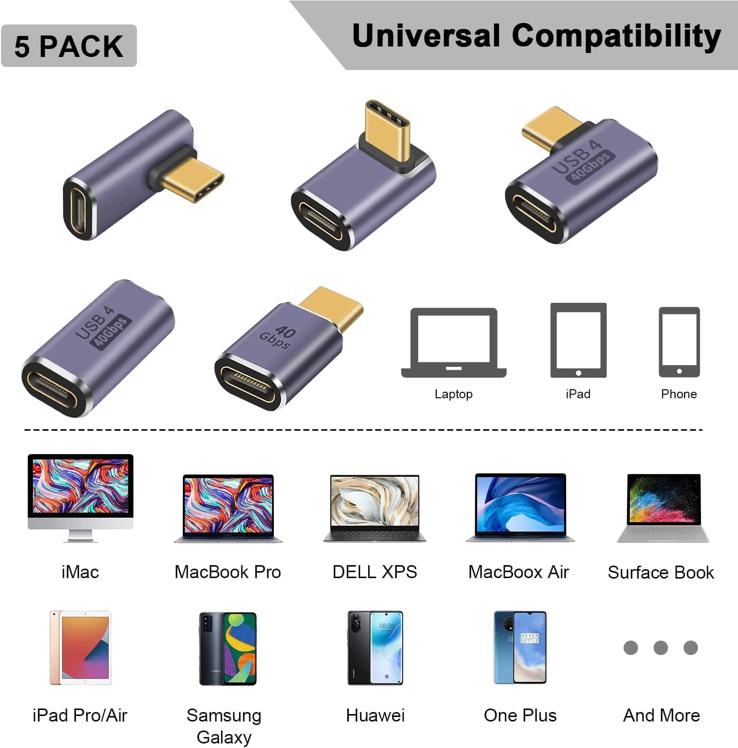 5 Pack USB C Adapter 40Gbps, USB C 90 Degree Adapter PD, Right Angle USB C Adapter 100W, USB 3.1 Type C Male to Female Adapter and USB C Extender Adapter for Laptop, Tablet and Phones image number 5