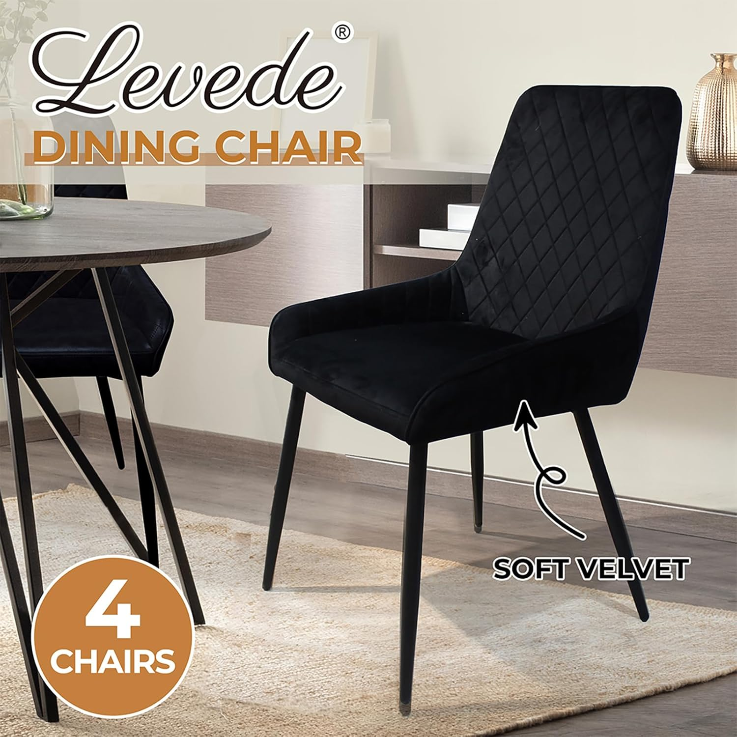 LEVEDE 4X Dining Chairs, Black Velvet, Contemporary Style, Dining Chair, Kitchen, Living Room, Cafe, Meeting Room, Load up to 150Kg
