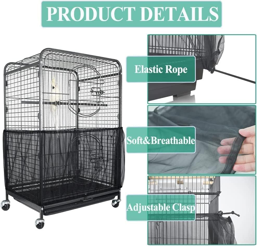 Bird Cage Seed Catcher Adjustable Bird Cage Cover Soft Nylon Mesh Net with Drawstring Birdcage Skirt Feather Guard for round Square Cages (Black, 87 * 15.7In/220 * 40Cm) image number 5