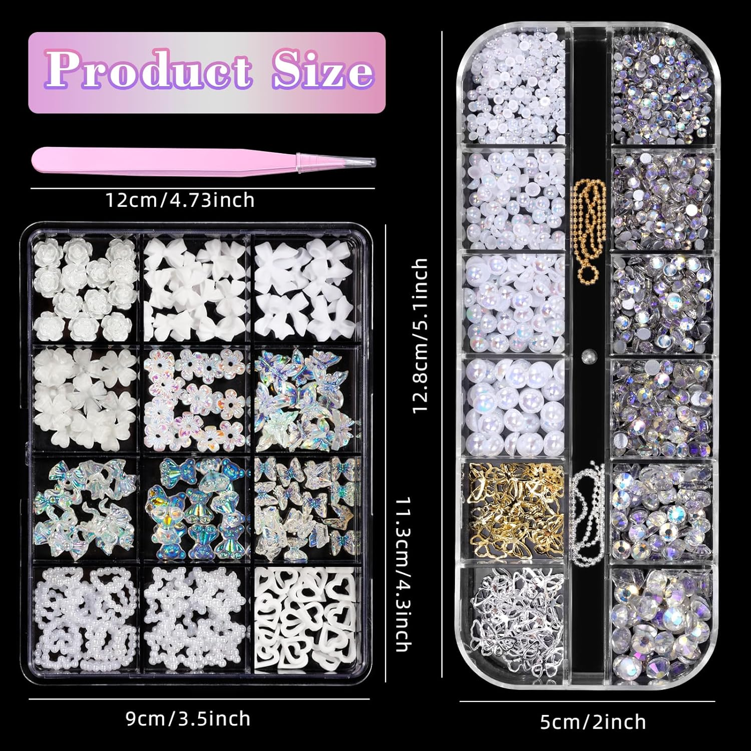 Flatback White Nail Charms Set, Assorted Bow Heart Flowers Acrylic Nail Art Charms, AB Rhinestones Nail Gems, round Pearls Nail Charms, Silver Gold Butterfly Nail Charms Gems for Nail Art DIY image number 4