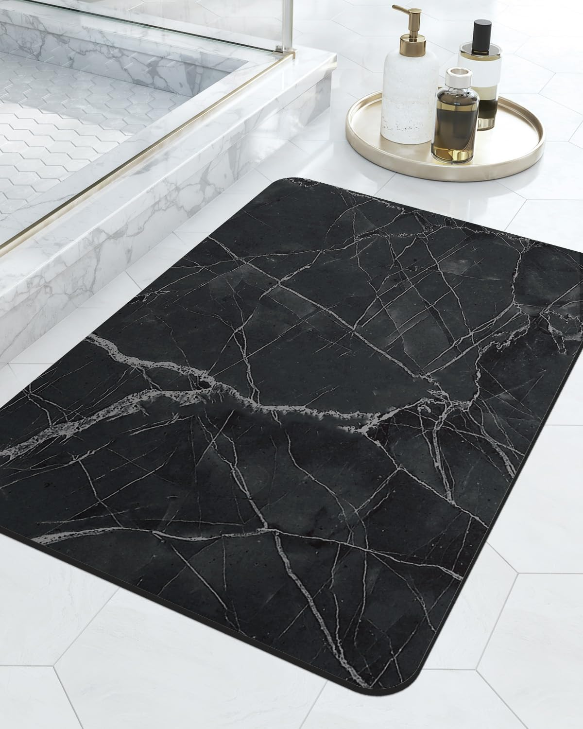 DEXI Bath Rug-Rubber Non-Slip Quick Dry Bathroom Rugs, Super Absorbent Thin Bath Mat, Washable Bathroom Floor Mats for in Front of Bathtub, Shower Room, Sink, 17"X32", Black