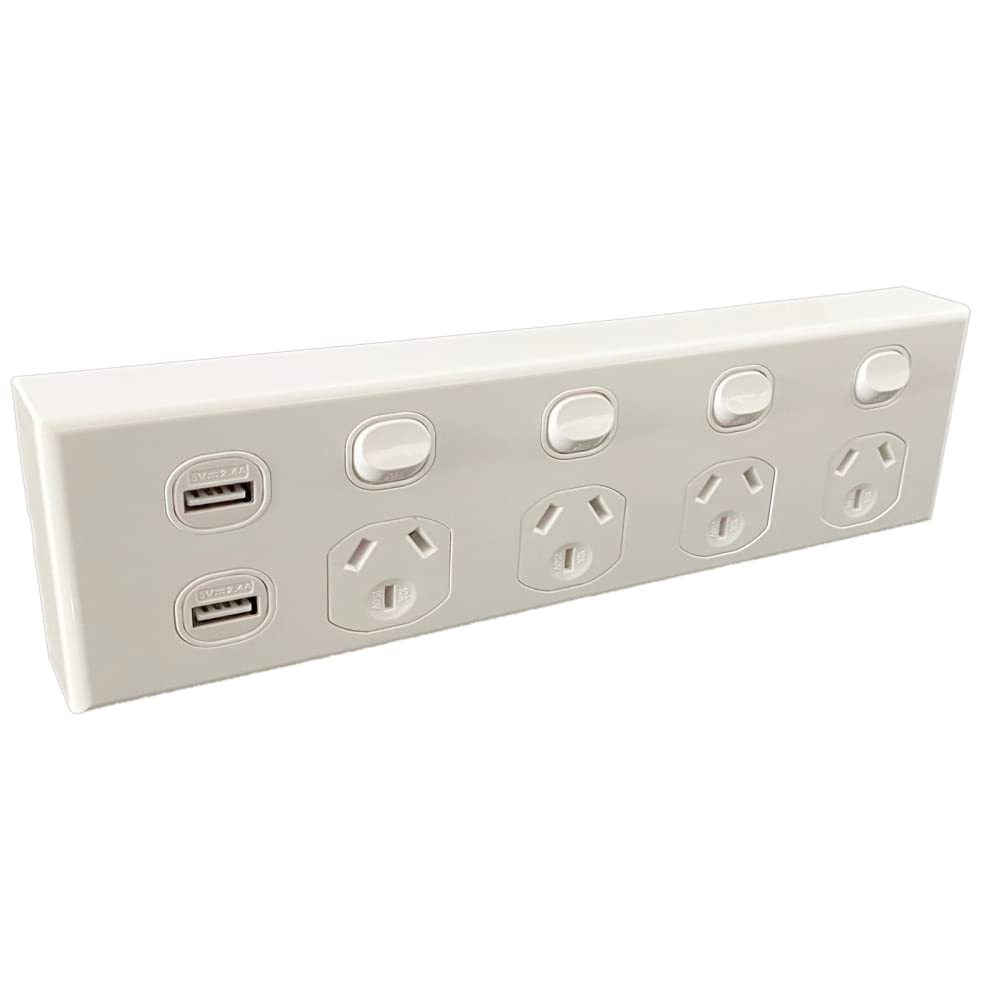 Quad Power Point 10A 250V with 2 Usbs 4 Gang GPO Socket Outlet - White
