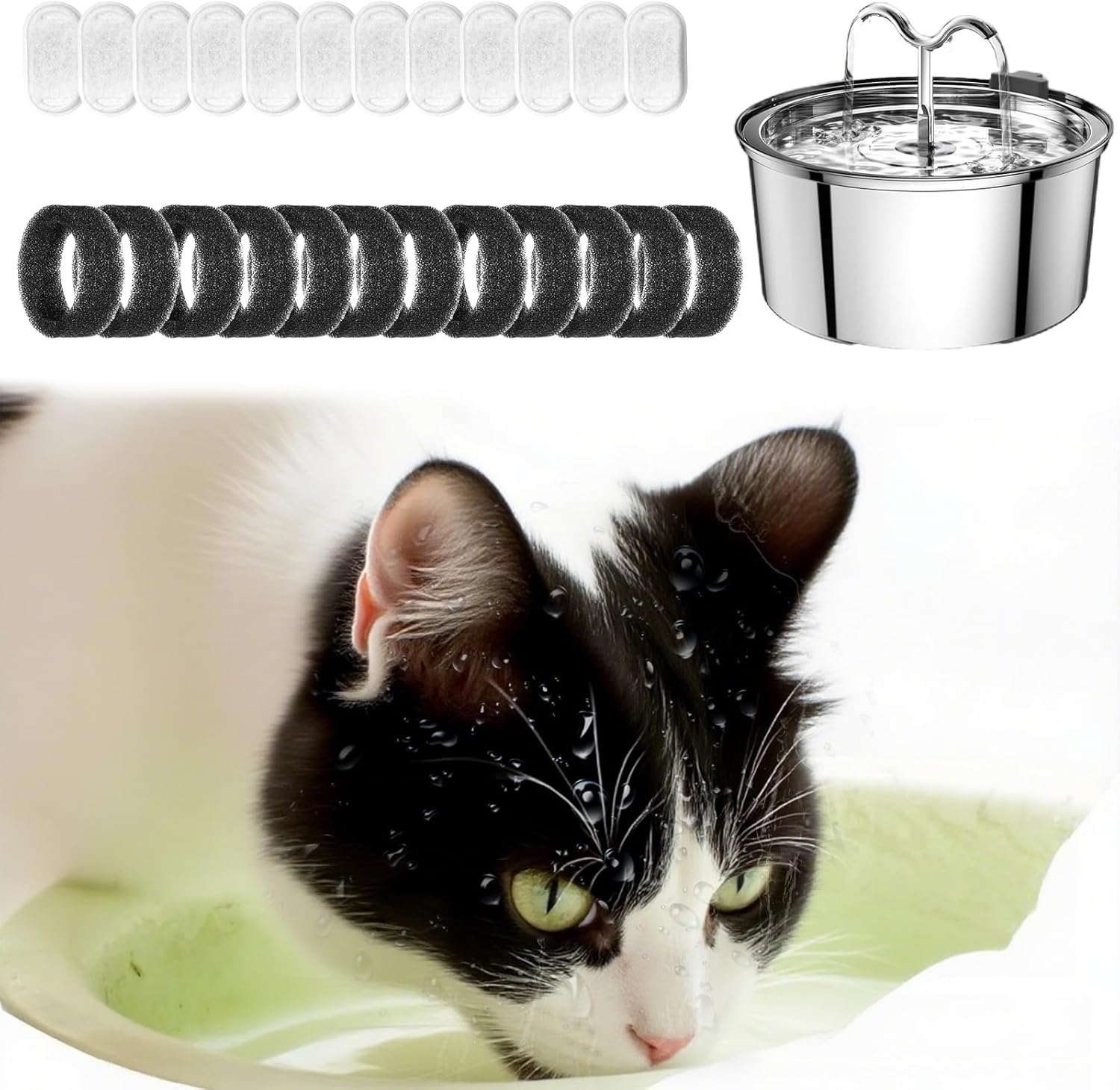 Treayes 24 Pcs Replacement Filters for Cat Drinking Fountain and Pet Water Fountain, Cat Fountain Filter,12 Carbon & 12 Foam Filters for 67Oz/2L/3.2L Stainless Steel Water Fountain image number 3
