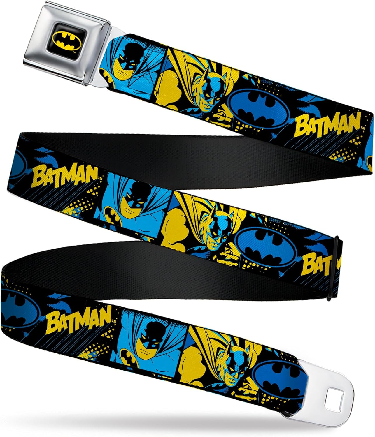 DC Comics Belt, Seatbelt Buckle Belt, Batman Poses and Logo Collage Black Blue Yellow, Adjustable image number 5