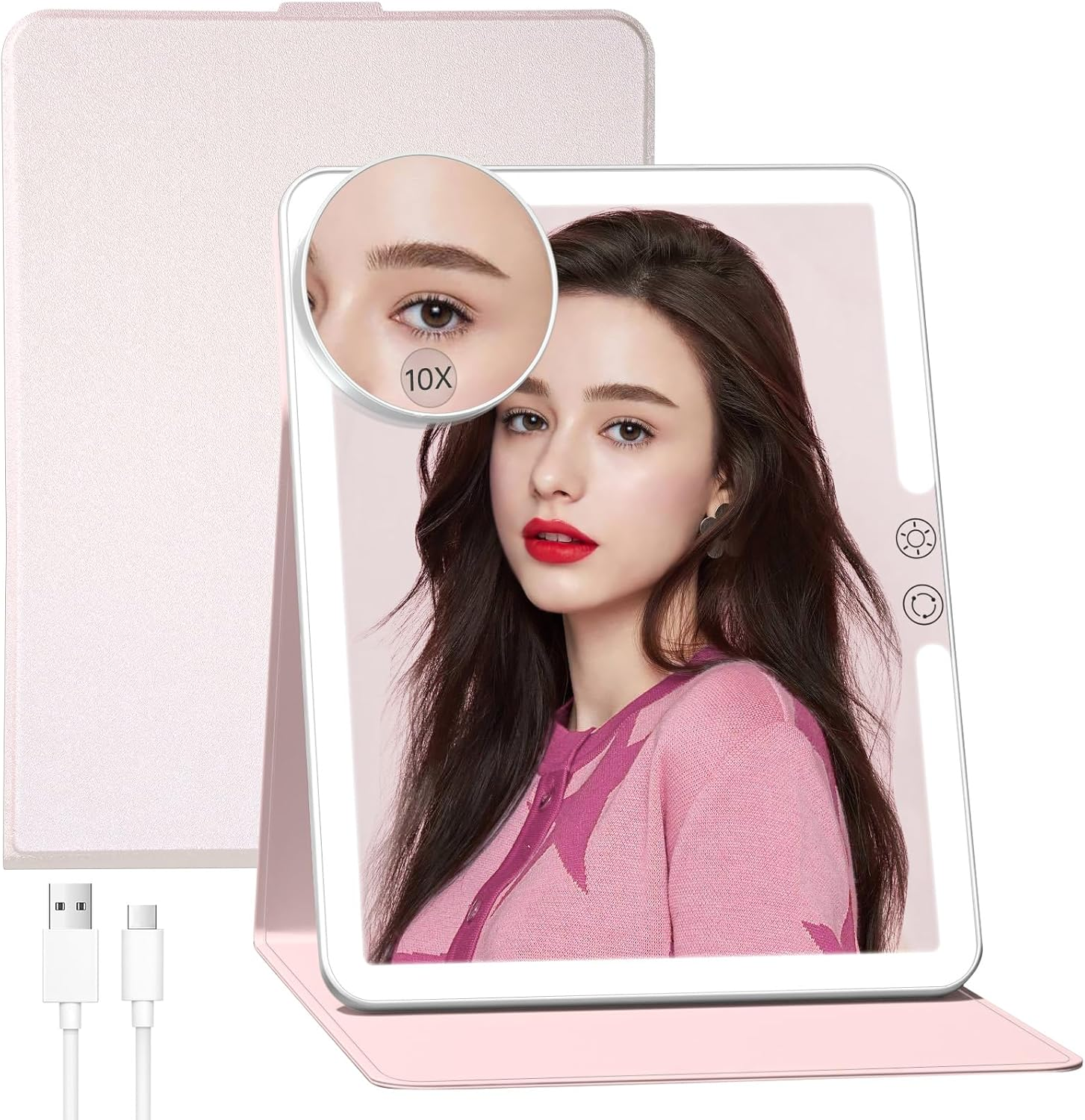 FUNTOUCH 2500Mah Large Rechargeable Travel Makeup Mirror with Lights, Portable Makeup Mirror with 10X Magnifying Mirror 3 Lighting Modes, Tabletop Folding Travel Mirror with PU Leather Cover (Pink)
