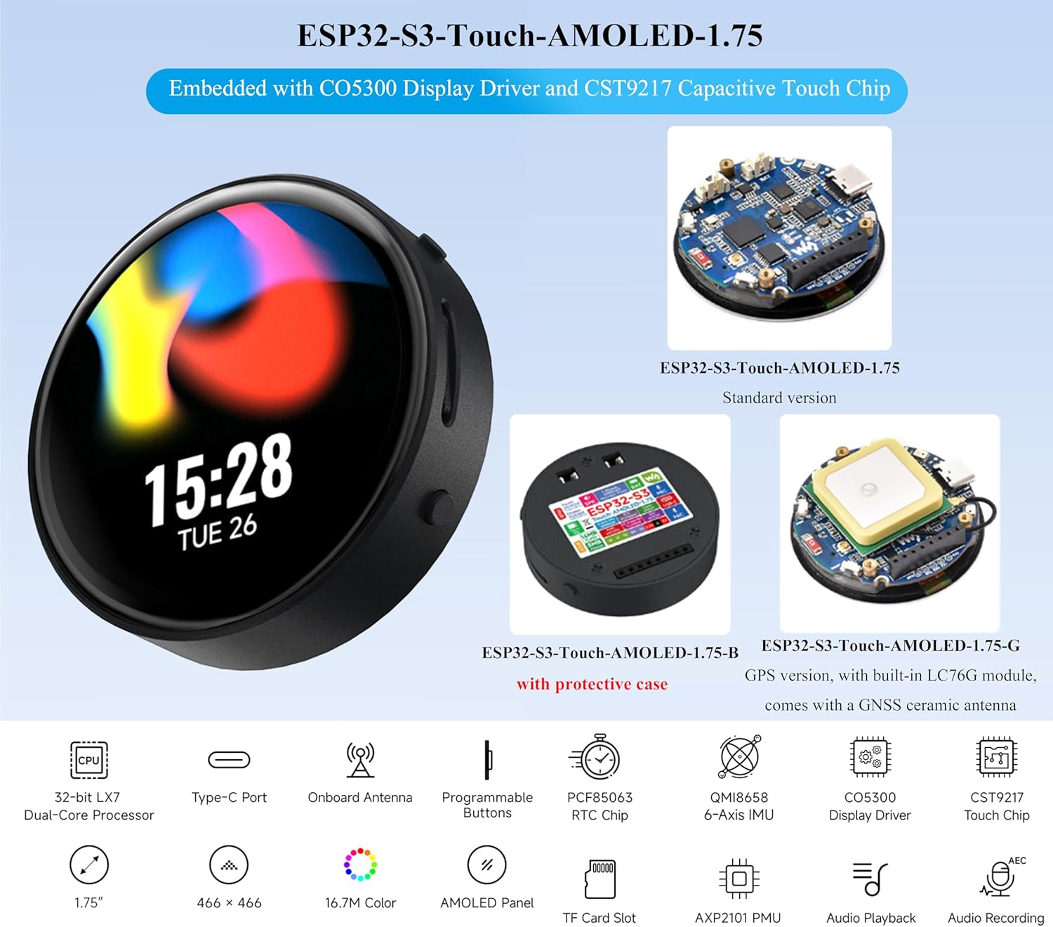 ESP32-S3 with 1.75Inch AMOLED round Touch Display Development Board, 466X466, QSPI Interface, Onboard Dual Digital Microphone Array, Support AI Speech Interaction, with 8&Omega; 2W Speaker and Case image number 6